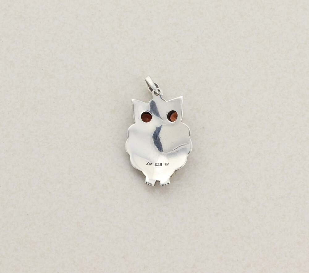 Pendant Only Sterling Silver Natural Garnet Marcasite Owl Pendant 1 1/4" x 3/4" - Picture 3 of 7